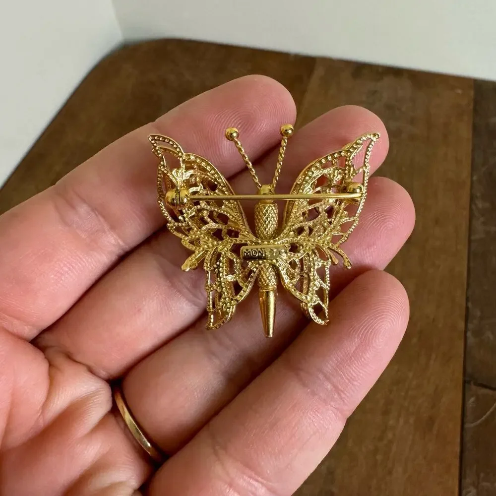 Vintage Monet Gold Tone Textured Filigree‎ Butterfly Brooch Pin